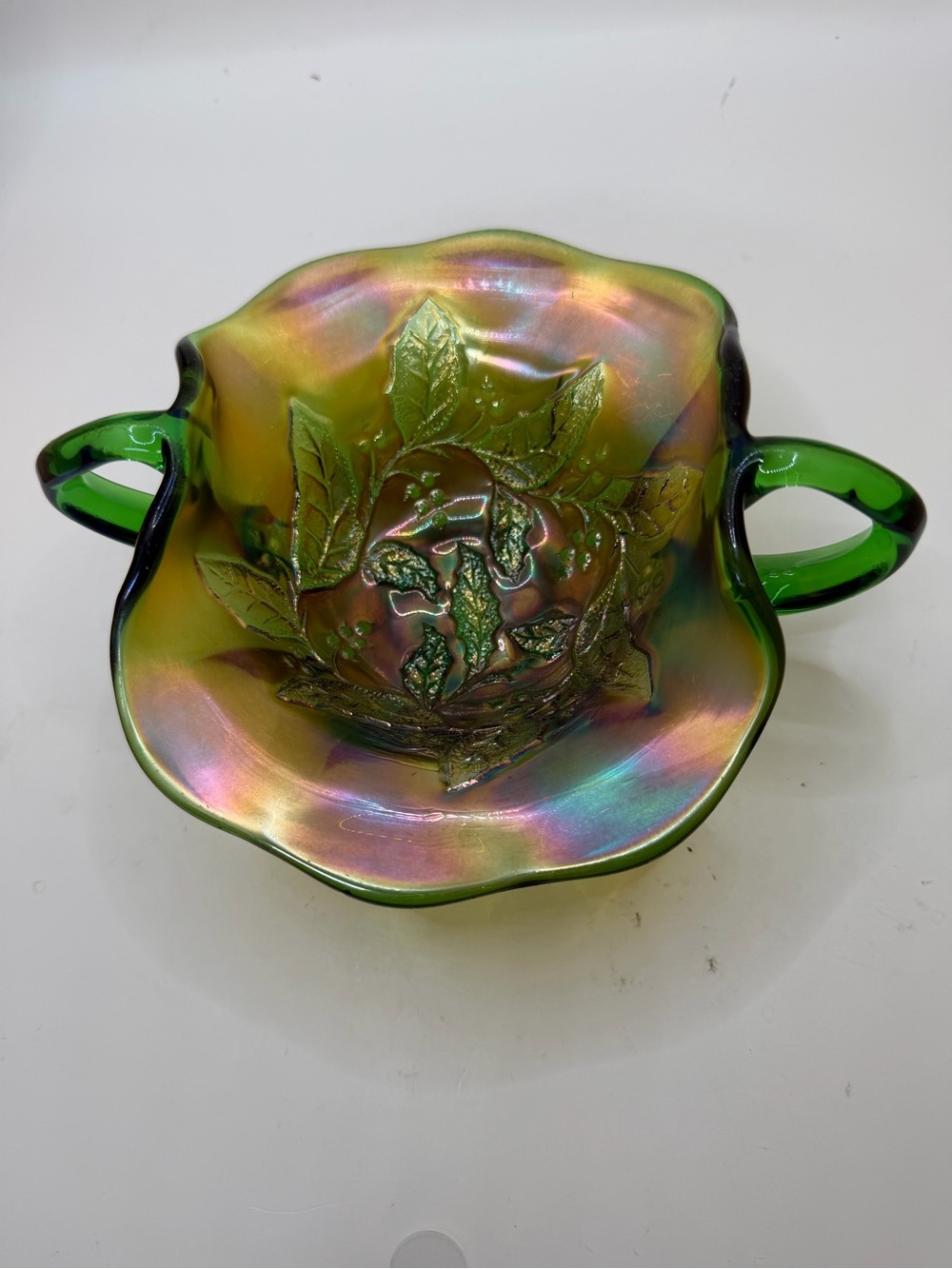 Antique Millersburg Green Carnival Glass Holly Whirl Bon Bon Dish c. 1910.